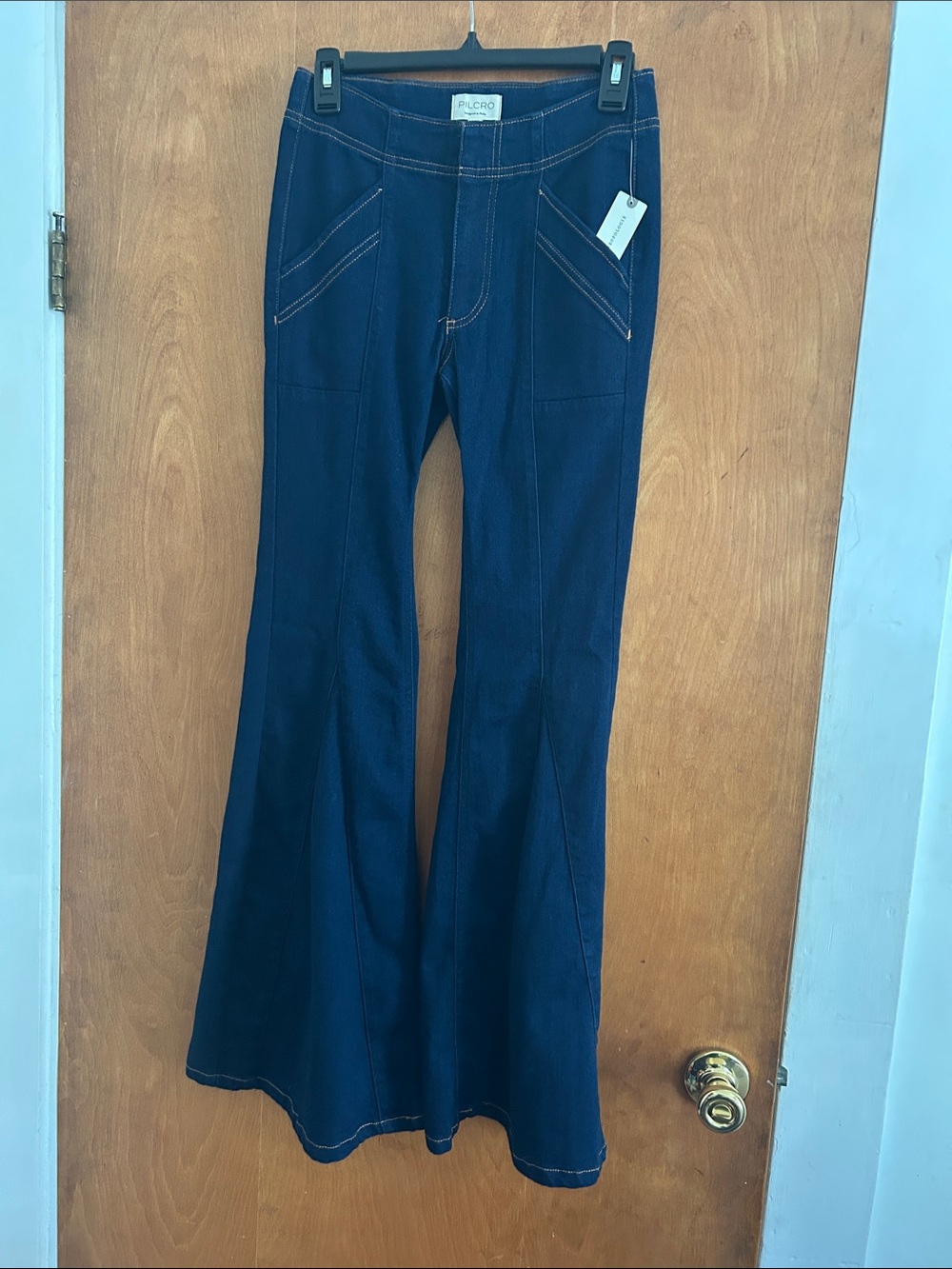 Anthropologie Pilcro Indigo Puddle Mid-Rise Flare Jeans with Contrast Stitching - Picture 10 of 14
